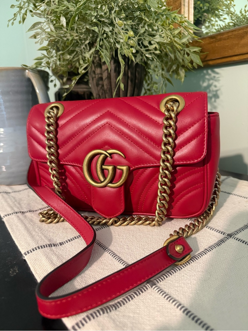 Gucci Red Quilted Shoulder Bag with Gold GG Chain